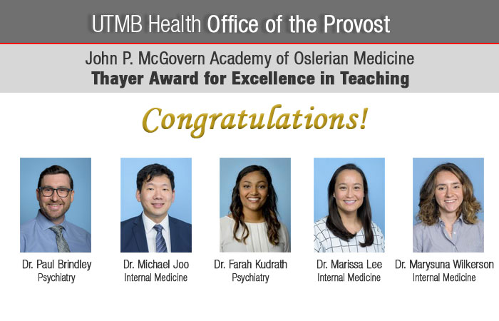 UTMBProvost's tweet photo. Please join us in recognizing the latest Thayer Award honorees! These residents exemplify sound scientific knowledge, compassion towards patients and dedication to learning and teaching. 

Congrats, Drs. Paul Brindley, Michael Joo, Farah Kudrath, Marissa Lee &amp; Marysuna Wilkerson! https://t.co/W0UIdAWDEB