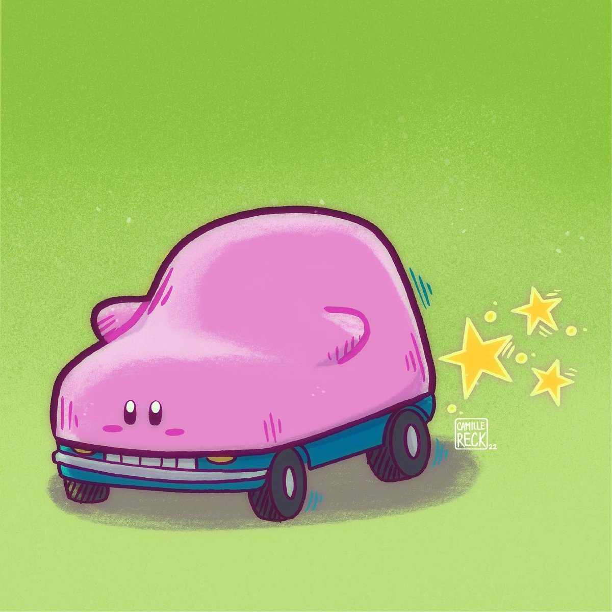 CamilleReck's tweet photo. I’ve been having fun playing Kirby and the Forgotten Land! It’s silly and fun to play in mouthful mode!🚙 I’ve loved to play Kirby games since I was a kid so this game feels super nostalgic but also new! Btw! Prints of this available! 😄🌟 #KirbyandtheForgottenLand #kirbyfanart https://t.co/1jCnfRo7nk