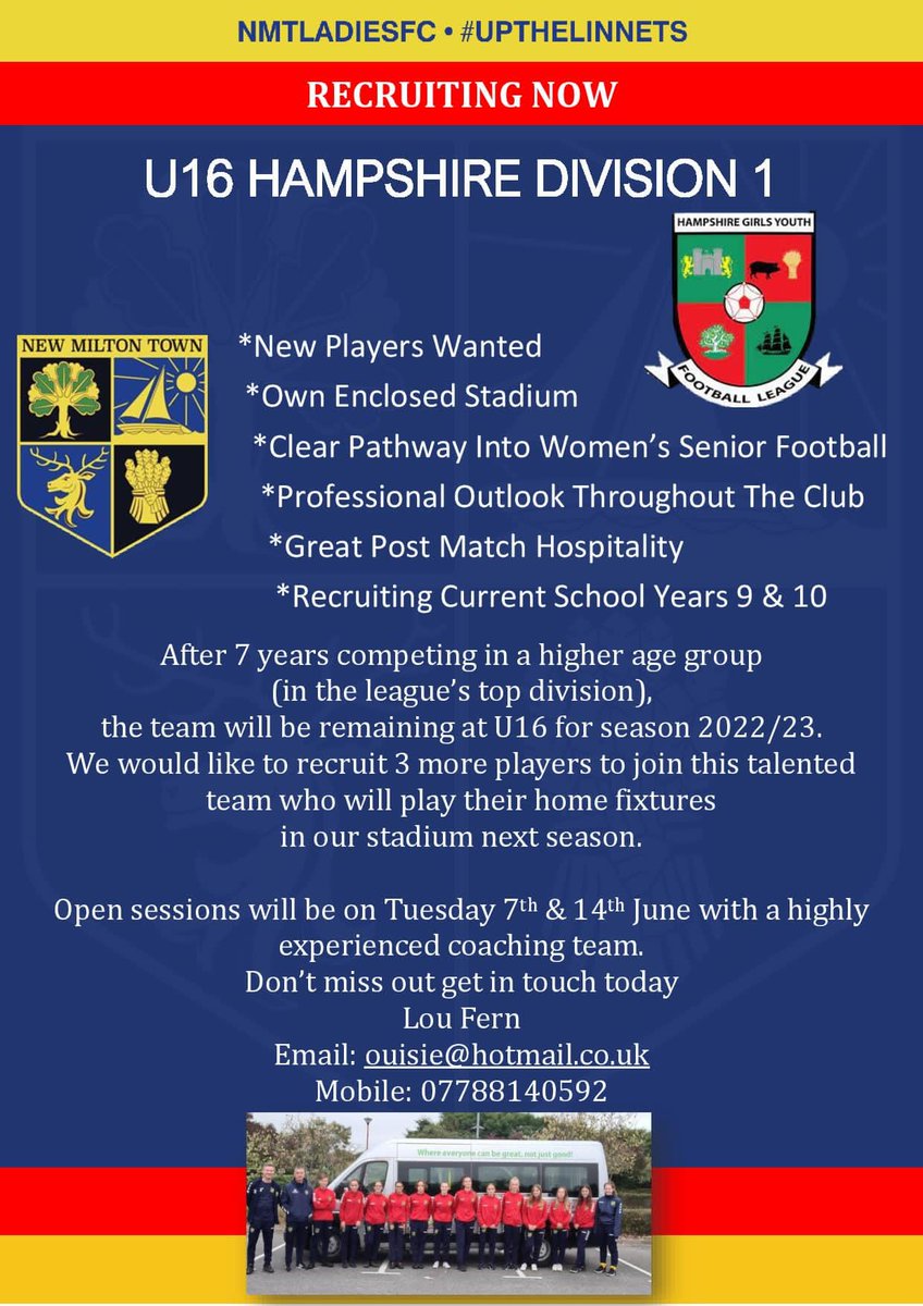 Our talented U16's are looking for 3 more players for next season. Great coaching, play games in our Stadium and step up to play Regional Womens football when appropriate. 
🔴🔵#UpTheLinnets 
<a href="/HGYFL1/">Hampshire Girls Youth Football League</a> <a href="/hantswomans/">Hants Womens Footie</a> <a href="/Lymingtontimes/">Advertiser & Times</a> <a href="/LymoTweetUp/">#LymoTweetUp 💚</a> <a href="/Arnewood_School/">The Arnewood School</a> @WoSo_Players