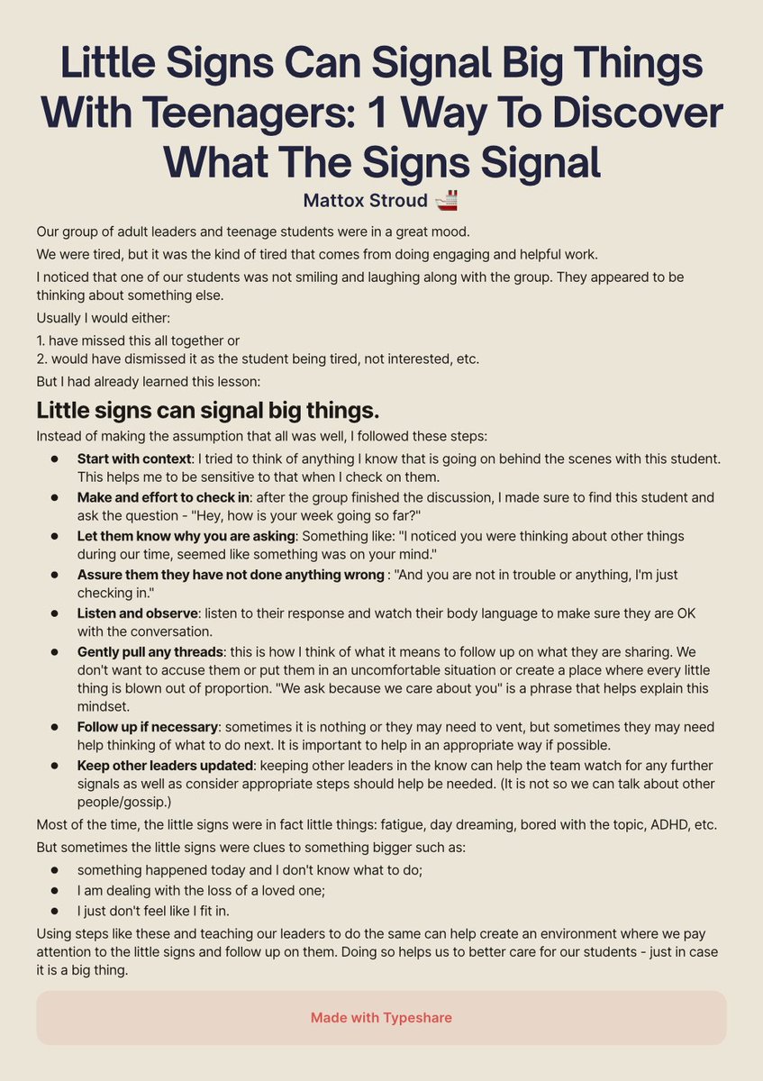 MattoxStroud's tweet photo. When working with teenagers, I have found that little things add up into big things.

This is especially true of the little 'signs' that we can easily miss.

Here is 1 process we use to help discover if the little signs signal big things. https://t.co/vGERPv9NtX