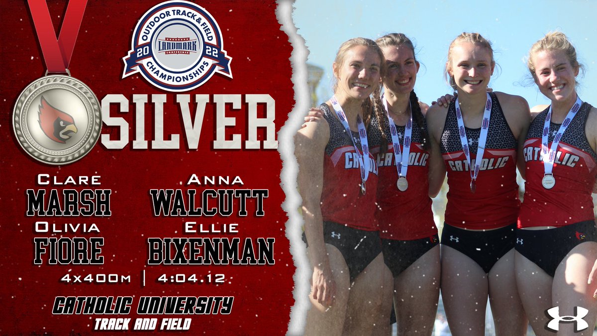 CatholicU_XCTF's tweet photo. Congrats to Clare Marsh, Anna Walcutt, Olivia Fiore, and Ellie Bixenman on taking home the Silver in the Women's 4x400m relay at the 2022 Landmark Conference Outdoor Track and Field Championships! #catholicutf #silver #runnerup #landmarkconference #4x4 https://t.co/hzvNZ2BDNe