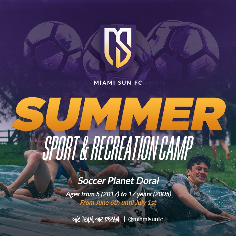 Únete a nuestro Summer Sport &amp; Recreation Camp!

A partir del lunes 6 de junio y durante 4 semanas hasta el viernes 1ero de julio, de lunes a viernes, desde las 9 AM hasta las 4 PM!

En Soccer Planet!

Inscripciones abiertas a traves de nuestra página web miamisunfc.us
