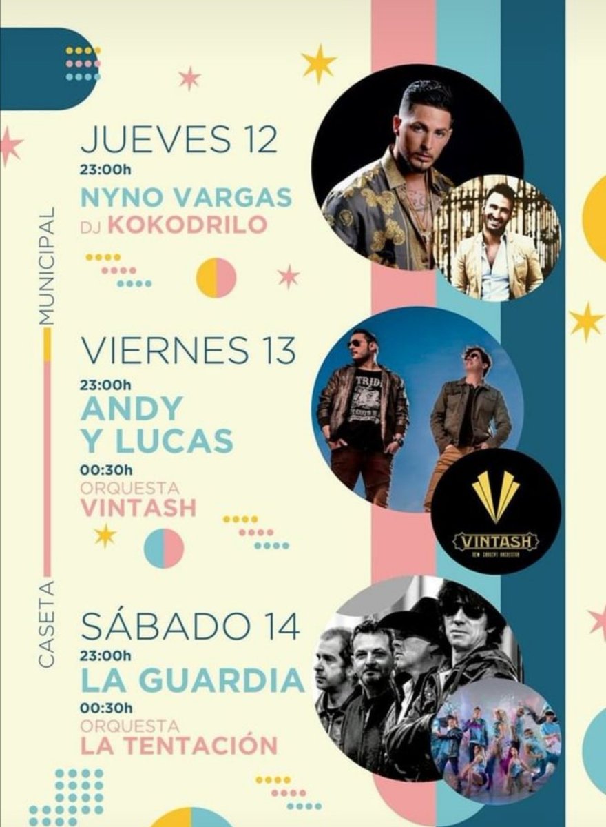 Nota IMPORTANTE:
Los conciertos de feria comenzarán puntuales (11 de la noche), sin retrasos; los artistas tienen hora de comienzo y de finalización por contrato.
Rogamos que no se retrasen para que no se pierdan parte de las actuaciones.
Muchas gracias.