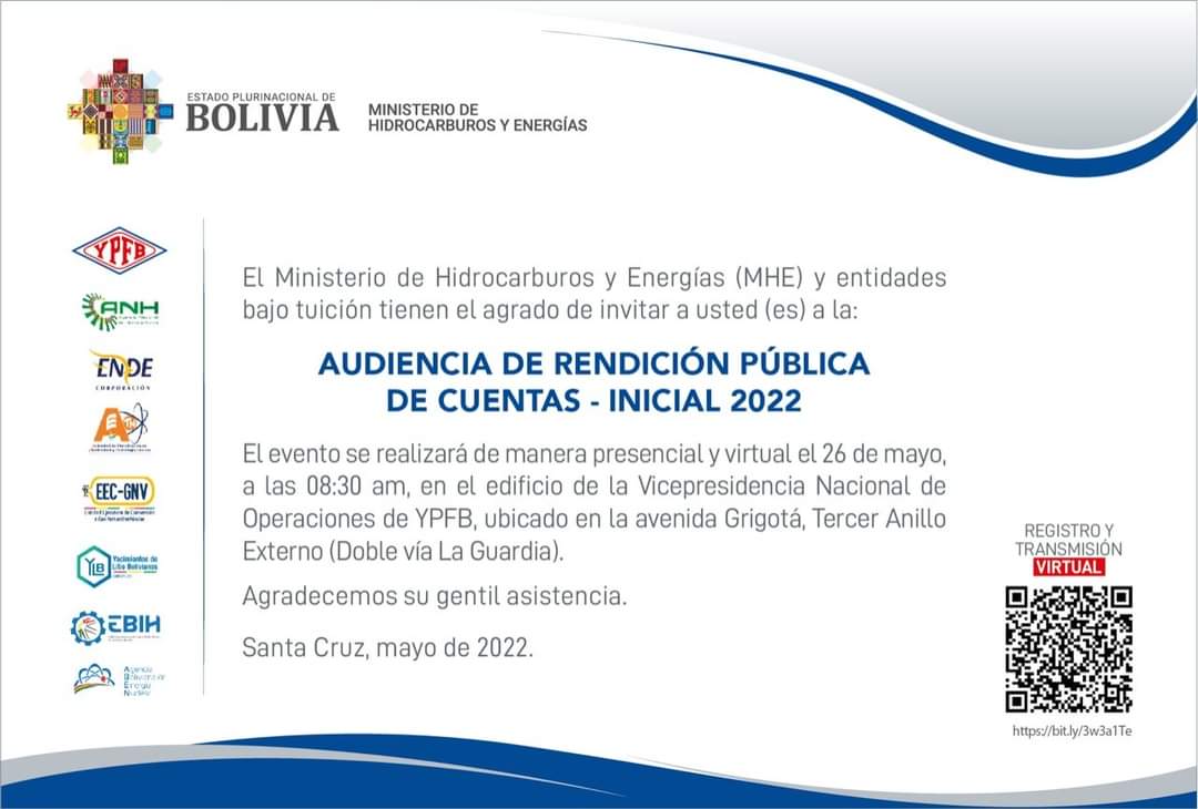 #Invitación l El Ministerio de Hidrocarburos y Energías (MHE) y entidades bajo tuición tienen el agrado de invitar a usted (es) a la 𝗔𝘂𝗱𝗶𝗲𝗻𝗰𝗶𝗮 𝗱𝗲 𝗥𝗲𝗻𝗱𝗶𝗰𝗶𝗼́𝗻 𝗣𝘂́𝗯𝗹𝗶𝗰𝗮 𝗱𝗲 𝗖𝘂𝗲𝗻𝘁𝗮𝘀 - 𝗜𝗻𝗶𝗰𝗶𝗮𝗹 𝟮𝟬𝟮𝟮.
#Transparencia
#EstamosSaliendoAdelante