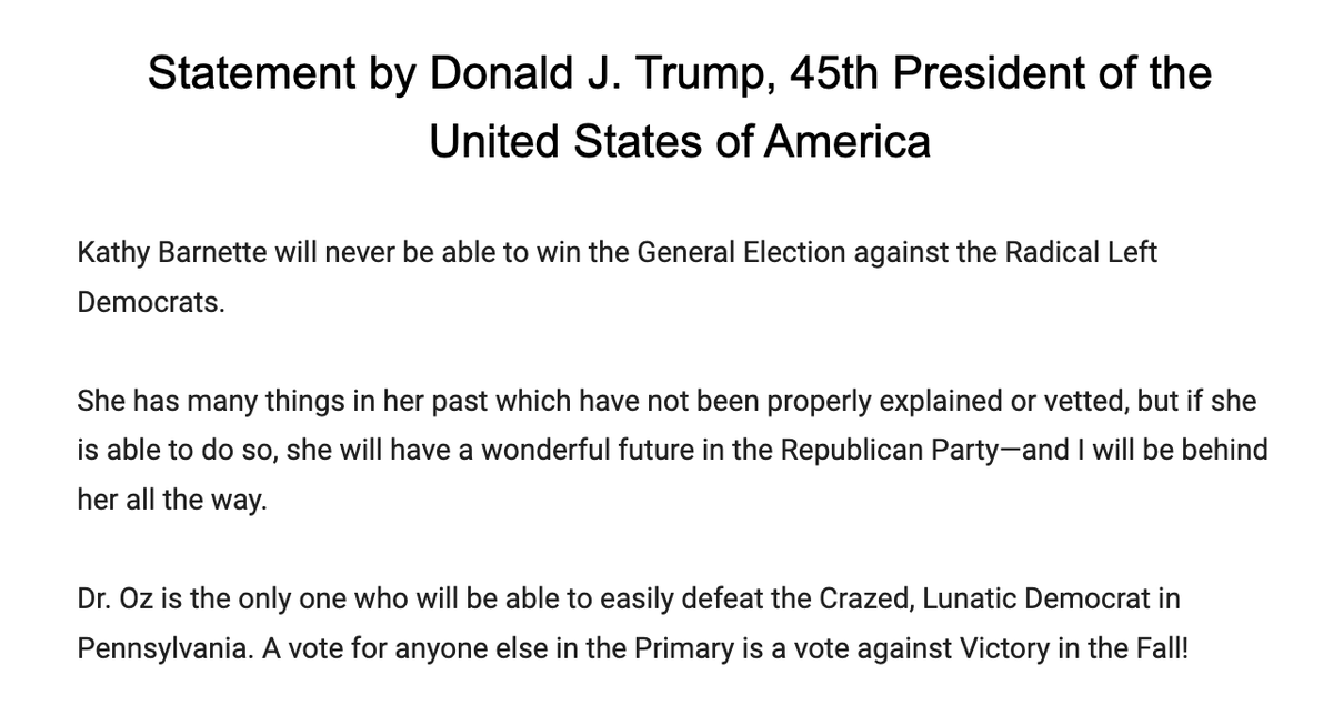 benpershing's tweet photo. Interesting mixed message from Trump on Kathy Barnette, who's making a late surge in the #PASenate GOP primary against David McCormick and Trump-backed Dr. Oz. https://t.co/6ob6sengOJ