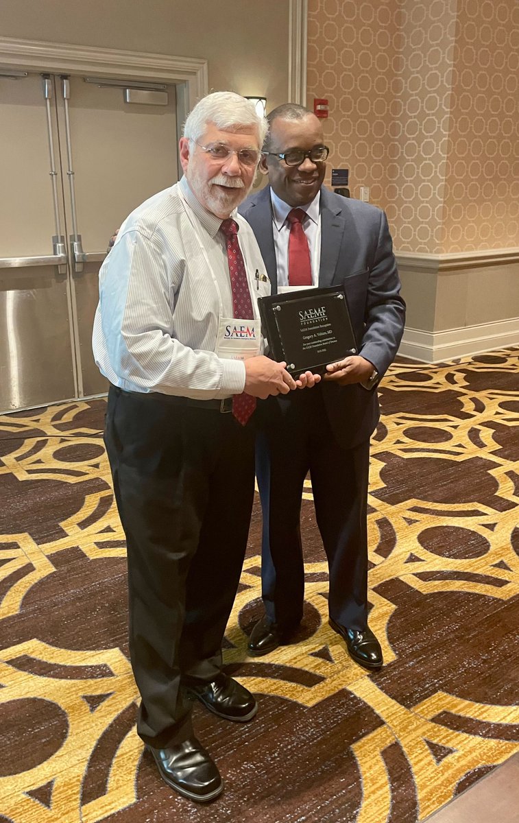 Dr. Adrian Tyndall, SAEMF's 2022-23 President, thanks Dr. Brian Zink for his leadership as 2021-22 President, and Dr. Greg Volturo for his longtime service, most recently as Immediate Past President. These two leaders have helped shape SAEMF’s growth through their dedication. 🙌