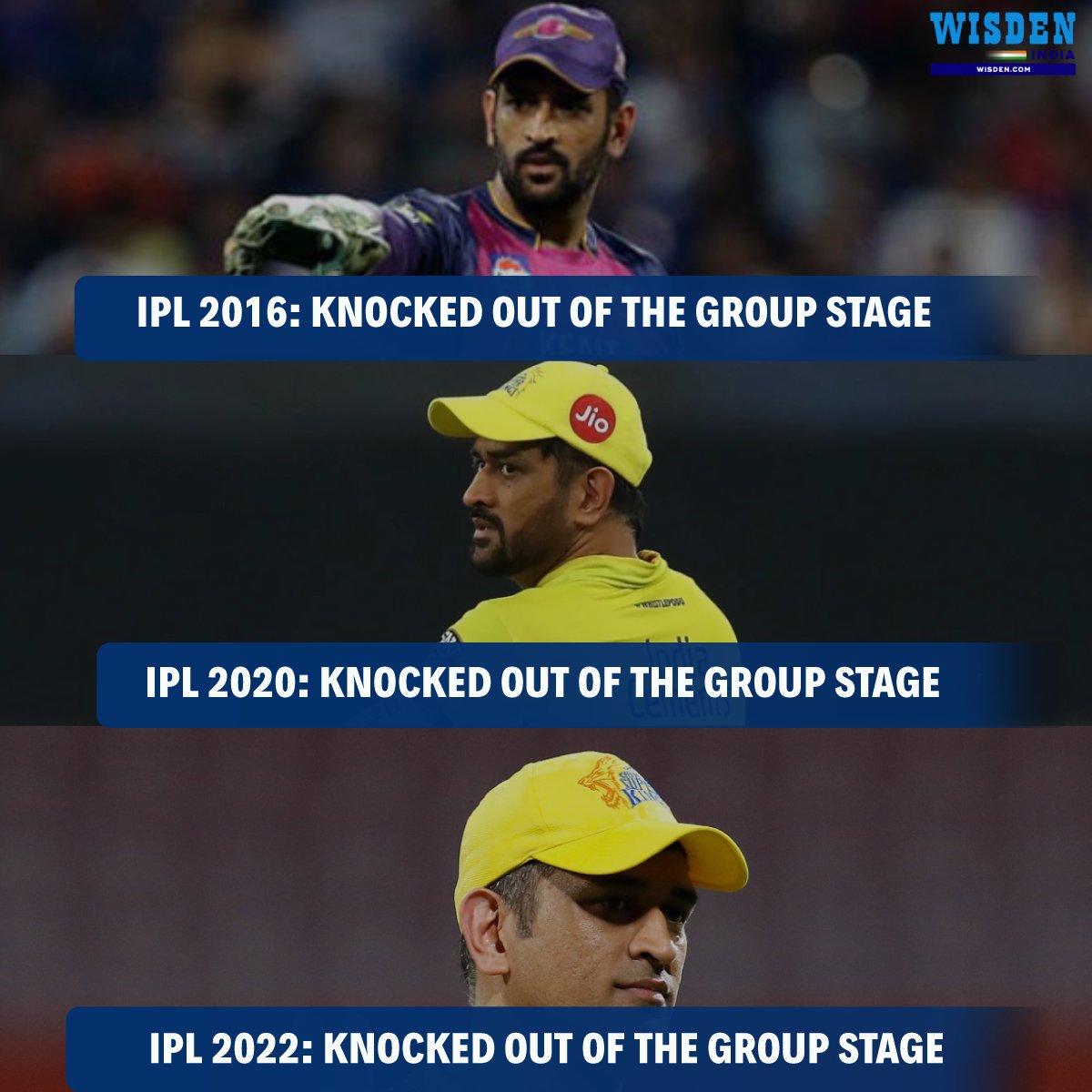 Wisden_Asia's tweet photo. MS Dhoni in IPL:
Seasons played - 15
Qualified for playoffs - 12 times
Knocked out of the group stage - 3 times

CSK skipper will not feature in the playoffs only for the third time in IPL history 😱

#MSDhoni #CSK #IPL2022 #Cricket #CSKvsMI https://t.co/xf94qmZCa2