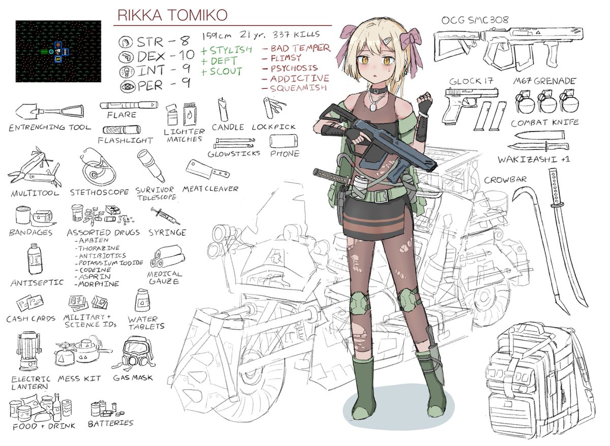 My CDDA survivor with her gear and motorcycle