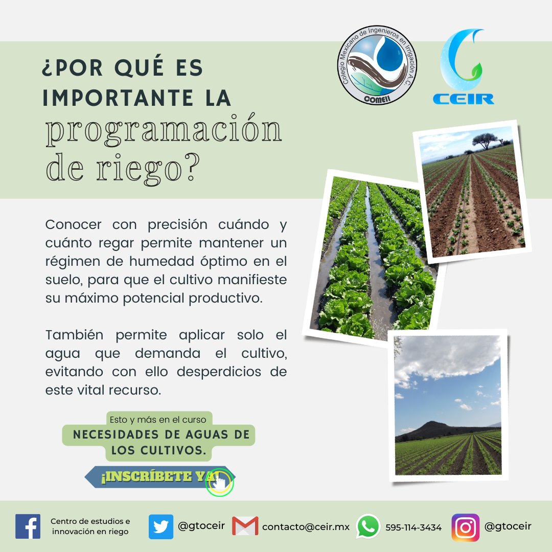 gtoceir's tweet photo. ¿Por qué es importante la programación de riego?💧
Nos permite tener un ahorro en el agua, minimizar estrés hídrico y maximizar rendimientos, así como calidad, rentabilidad e ingresos.

Registro: https://t.co/Jt8D2UYgBm
Mas información en: https://t.co/iVuxeQ5j5T https://t.co/myJs7l6OhL