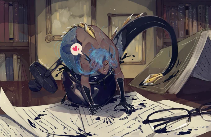 A mermaid with pen nibs for fins and tail! :D
Hehehe, he's a total menace and I really love him X3
Ruining some important documents? You go, buddy! 
