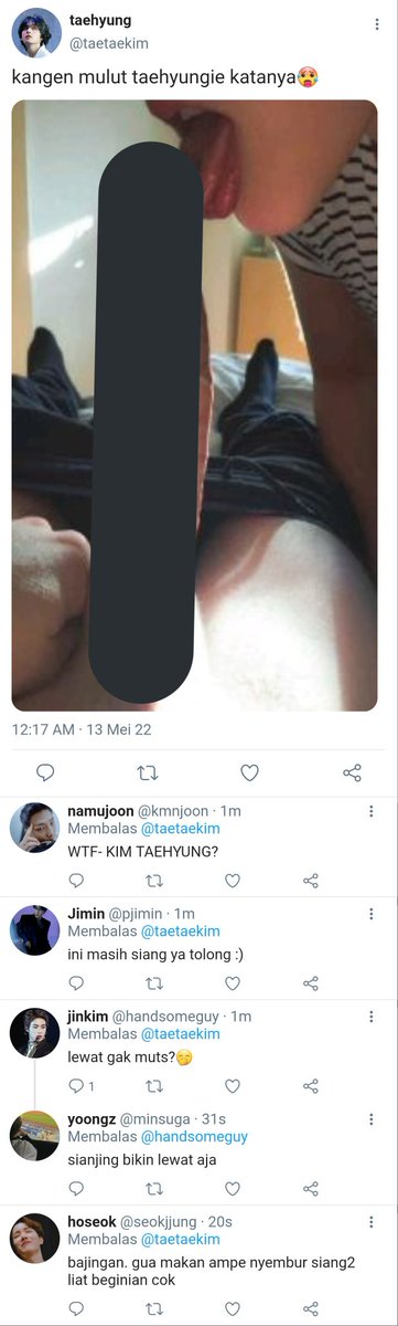Lionbby_'s tweet photo. Kookv Twotweet Au 🔞

Hanya tentang G.ukkie babyboy manjanya t.aehyung yang merengek disiang hari karna belalainya rindu dengan mulut nakal t.aehyung.

// bxb , power-bot , sub-top , mention-of sex scene , nsfw picture , hard word https://t.co/HS1WagUKRK