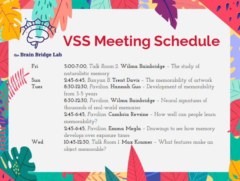 The #BrainBridgeLab <a href="/UChicagoPsych/">UChicago Psychology</a> is ready for Florida and #VSS2022!! Come visit our talks and posters throughout the week to learn all our latest on visual memory &amp; memorability! 🌴<a href="/VSSMtg/">VSS Meeting</a>