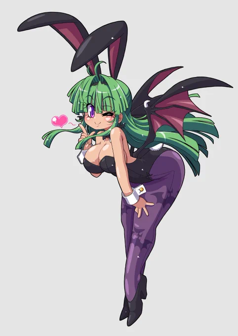本日最後のプロジェクトSKG
俺はモリガンが大好き
俺はバニーガールが大好き
というわけで、混ぜたらすごいものが出来るのでは!?と思ったのだが、モリガンにしては肩周りがちょっと寂しいし、バニーガールにしては翼が少し邪魔かな～って思いつつも、この絵自体は可愛く描けたと思いますン
(°∪°) 