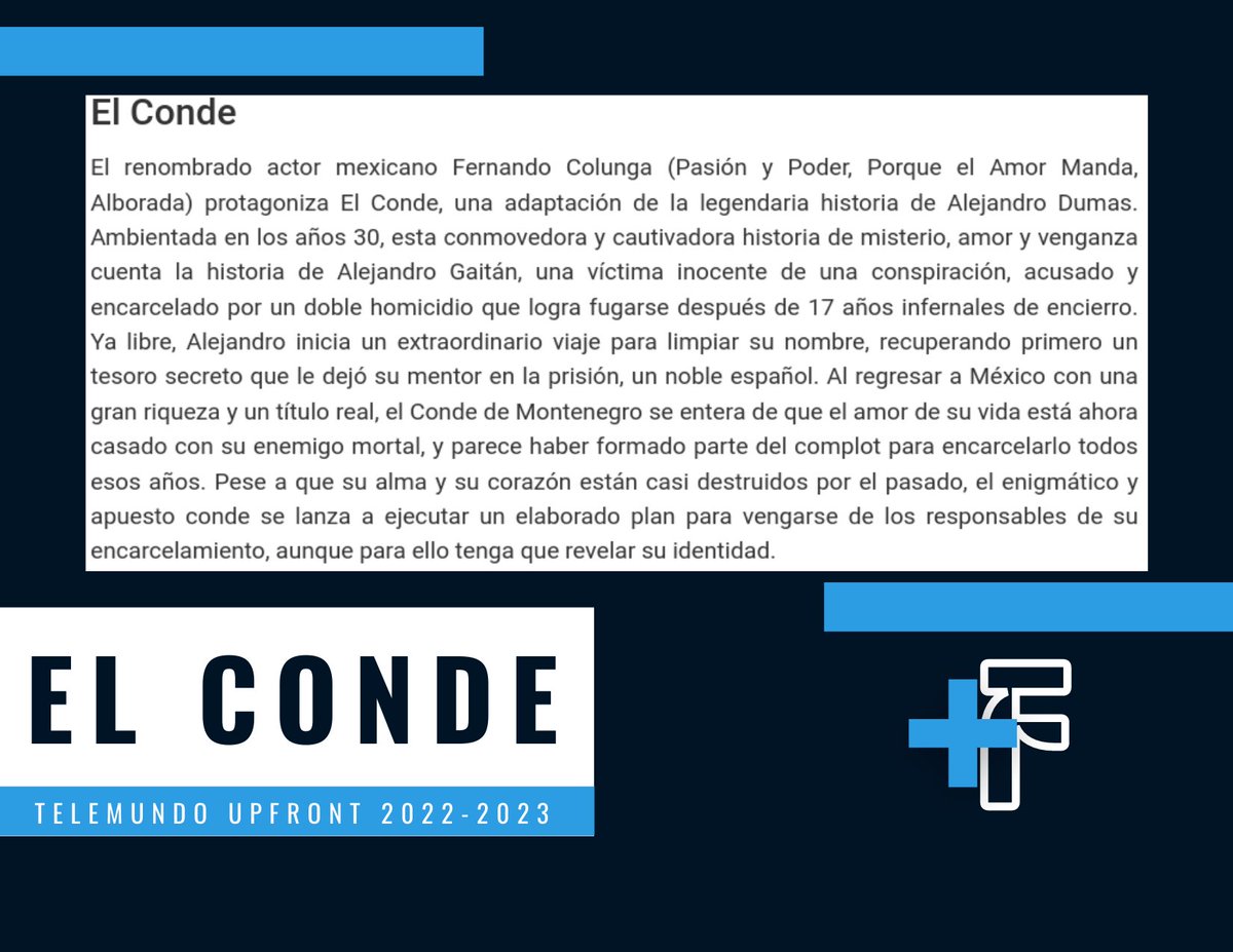 MasFarandulaOf's tweet photo. #TelemundoUpfront:
#ElConde protagonizada por Fernando Colunga.
@TelemundoSeries https://t.co/UQprSIcTVI