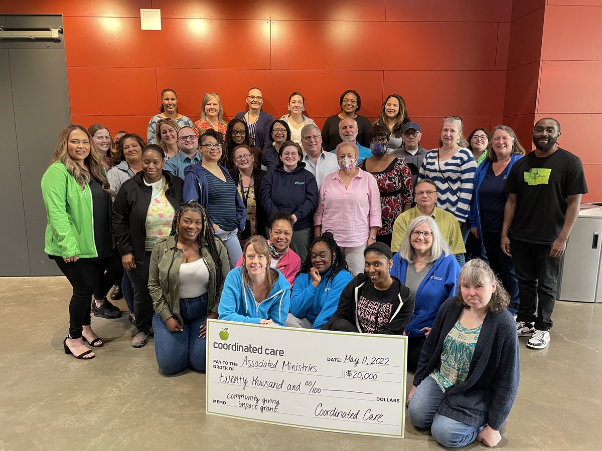 AM_PierceCo's tweet photo. Such a great day gathering together for our all staff retreat! First one in 2 years!  We have an amazing team that work hard together to find lasting solutions to homelessness.  Our partner @CoordinatedCare  came out to present us with an amazing check to support the work! https://t.co/C8ooZH1Phn