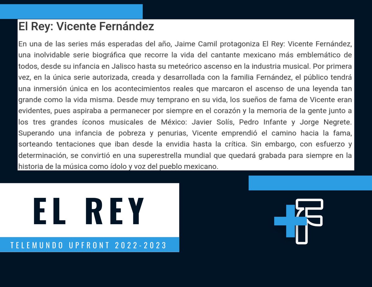 MasFarandulaOf's tweet photo. #TelemundoUpfront:
#ElRey bioserie de #VicenteFernández, protagonizada por Jaime Camil @jaimecamil. Se transmitirá por @Telemundo
@TelemundoSeries https://t.co/tFCD58QnrX