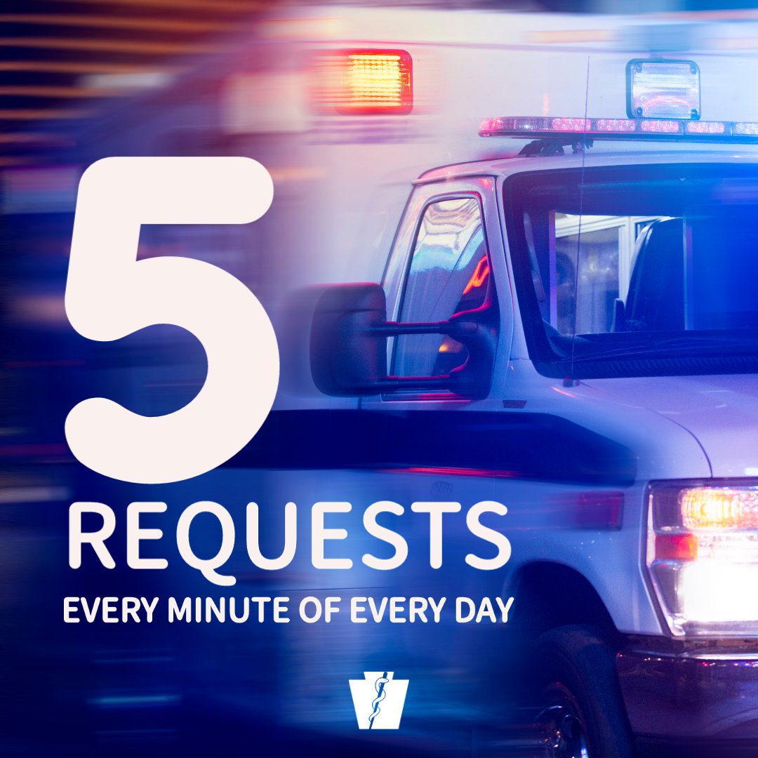 PAHealthDept's tweet photo. PA’s 41,560 certified EMS providers work for 1,259 licensed ground &amp; air EMS agencies to respond to >2.4 MILLION requests for service each year. That's equivalent to nearly 5 requests every minute of every day. Learn more about EMS in PA: https://t.co/VCFSRgYvRV #EMSWeek https://t.co/3OfBk3xiFh