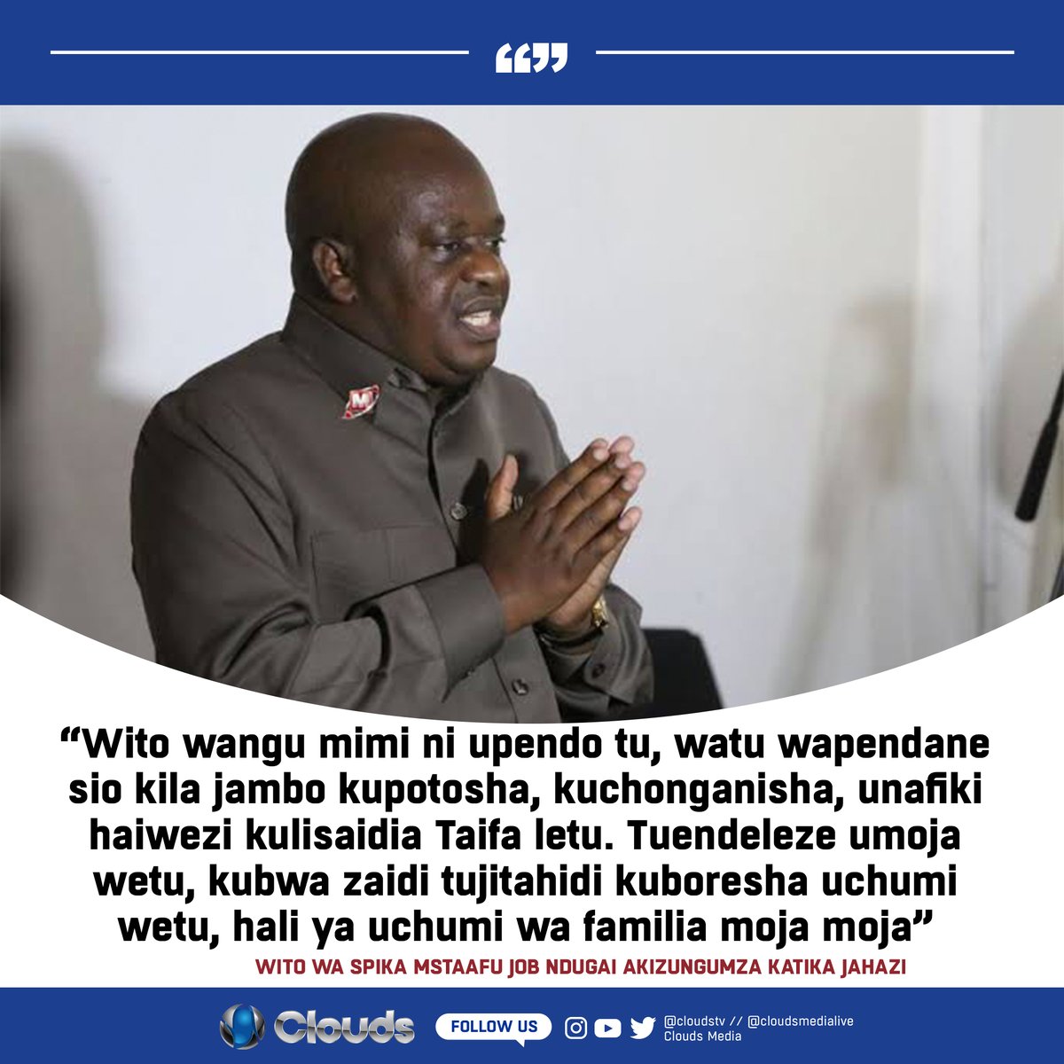 CloudsMediaLive's tweet photo. Wito wa Spika Mstaafu na Mbunge wa Kongwa Job Ndugai akizungumza kwenye kipindi cha Jahazi cha Clouds FM #Jahazi https://t.co/03GH6qWh20