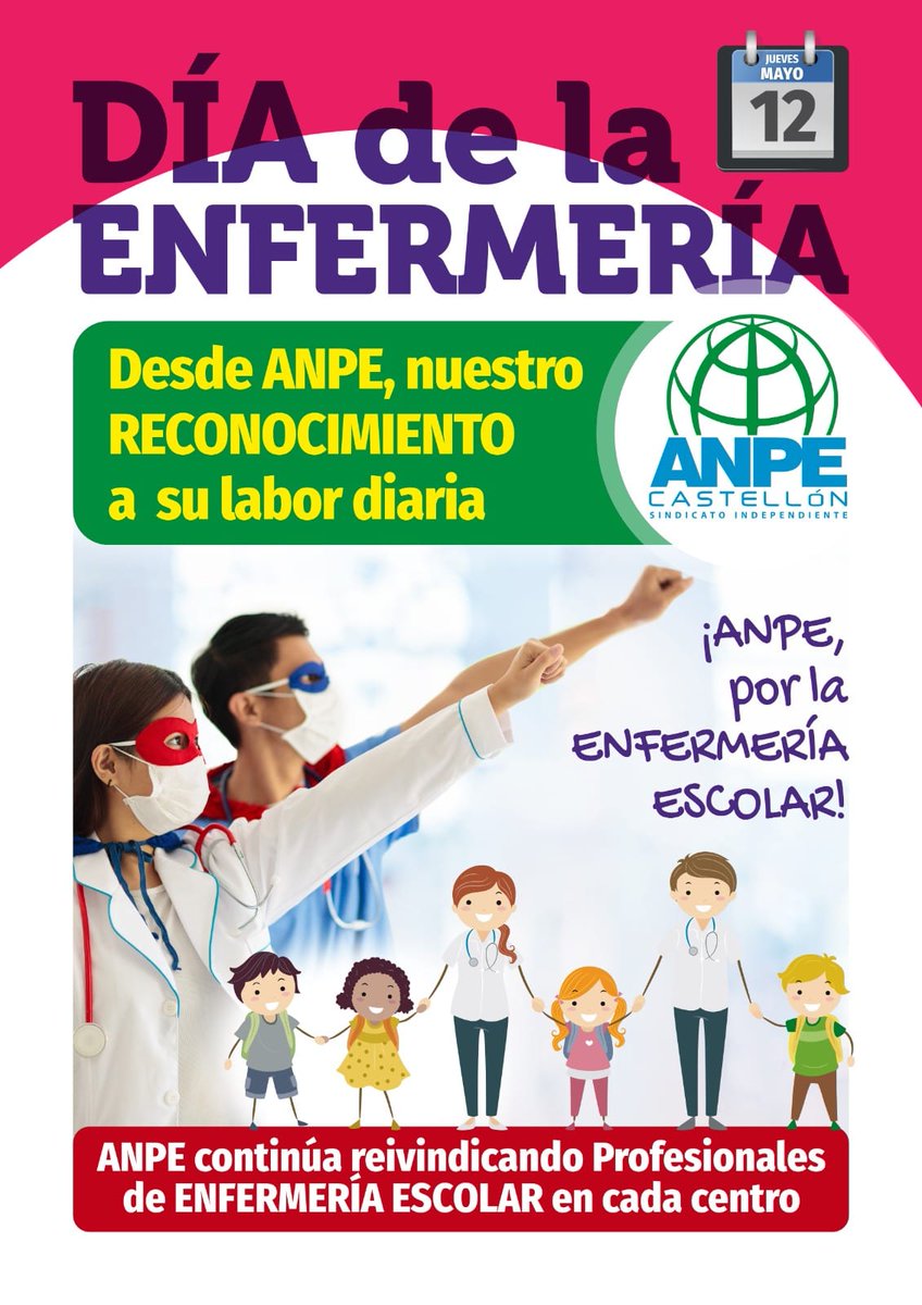 🩺🩼 12 DE MAYO: DÍA DE LA ENFERMERÍA

🟡 Desde ANPE reivindicamos la figura del enfermer@ escolar. En nuestra sede (Plaza Bucarest, 9) disponemos de un manual de enfermería escolar elaborado por SATSE. Podéis pasar a recogerlo hasta agotar existencias.