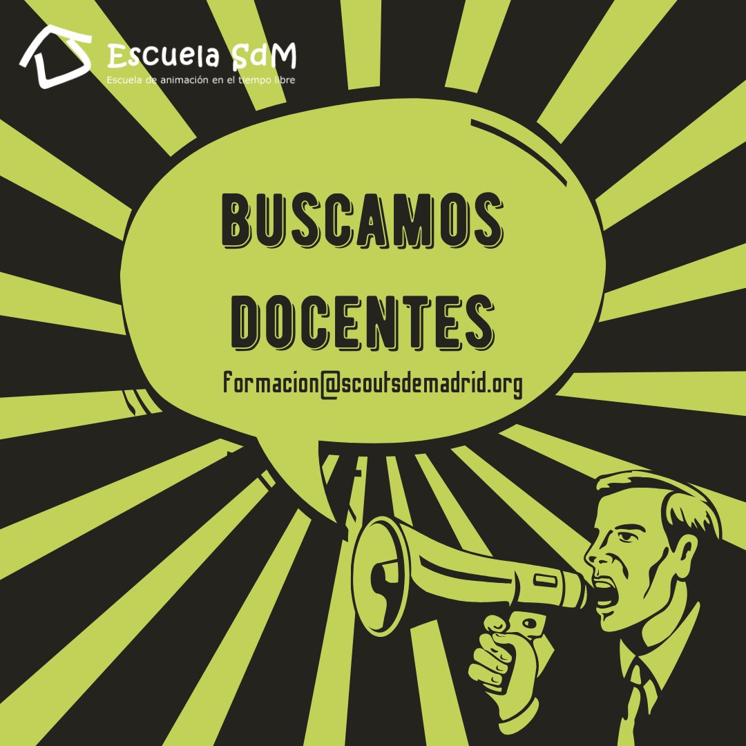 EscuelaSdM's tweet photo. 📢📢A todos los/as VOLUNTARIOS/AS DE SCOUTS DE MADRID

Si cuentas con habilidades docentes y experiencia en educación no formal y quieres ser VOLUNTARIO/A en el Claustro de la Escuela escríbenos y te contamos 📧formacion@scoutsdemadrid.org https://t.co/Eep8Rk5DjK