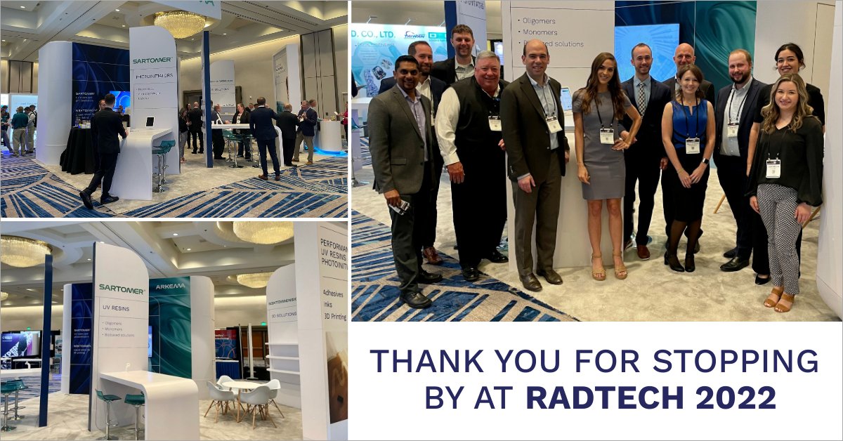 SartomerGlobal's tweet image. Thanks to everyone who stopped by the @Arkema_group booth at #RadTech2022! We enjoyed seeing everyone and sharing in such engaging discussions about your energy curing applications. 
@radtechuveb  #UVCuring #EnergyCuring