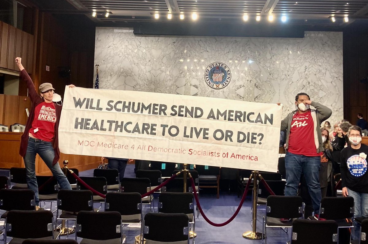 dsam4a's tweet photo. Today, @SenSanders re-introduced the #MedicareforAll bill in the Senate and held the FIRST EVER Senate hearing on M4A. @mdc_dsa comrades from @mdcm4a showed up to ask: Will @SenSchumer doom M4A by sending it to unfavorable Committees or will he give this bill a fair chance? https://t.co/iYt82EAIqQ