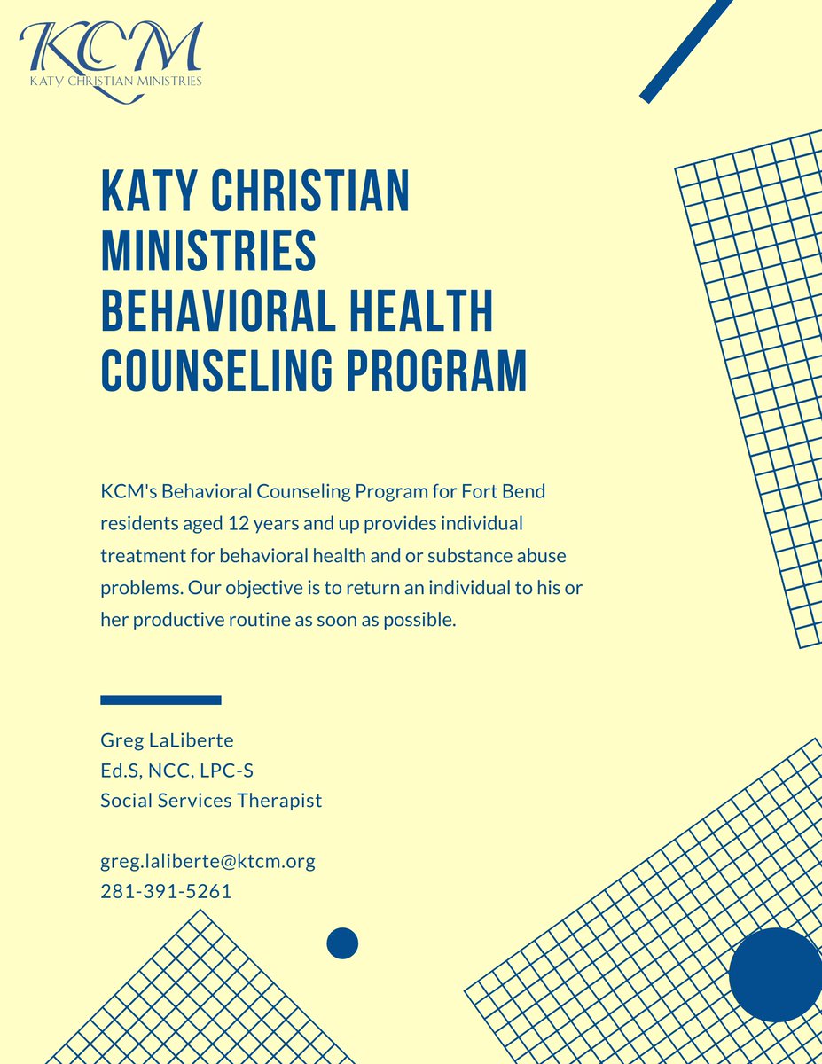 KCM is introducing a Behavioral Health Counseling Program. This program is for Fort Bend Residents from the ages of 12 and up. If you would like to know more about this program, please reach out to our Social Services Therapist, Greg LaLiberte, at greg.laliberte@ktcm.org .