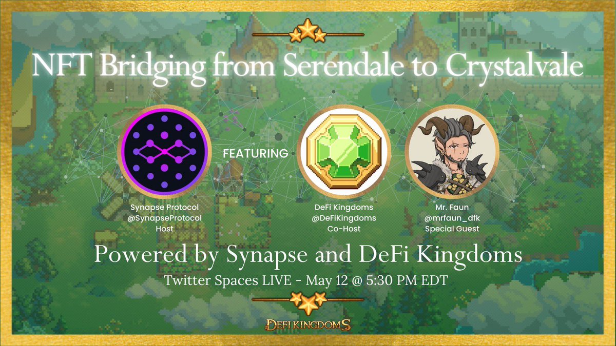 Join us later today for a Twitter Space with <a href="/mrfaun_dfk/">Mr. Faun</a> and <a href="/SynapseProtocol/">Synapse Labs</a> to discuss Hero Bridging! 🎙
x.com/i/spaces/1kvKp…