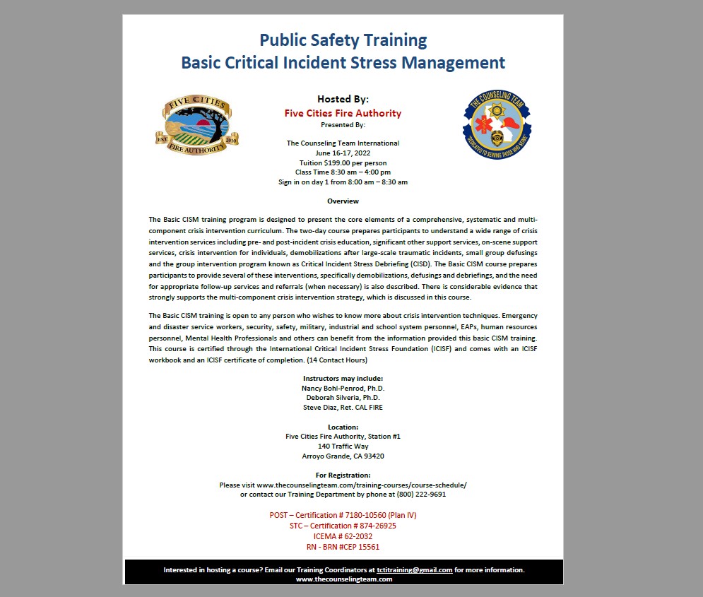 CounselingTeam's tweet photo. Spots Still Available_Public Safety Training June 16-17 2022 - Basic Critical Incident Stress Management - Five Cities Fire Authority https://t.co/2PnT9JbvCt
