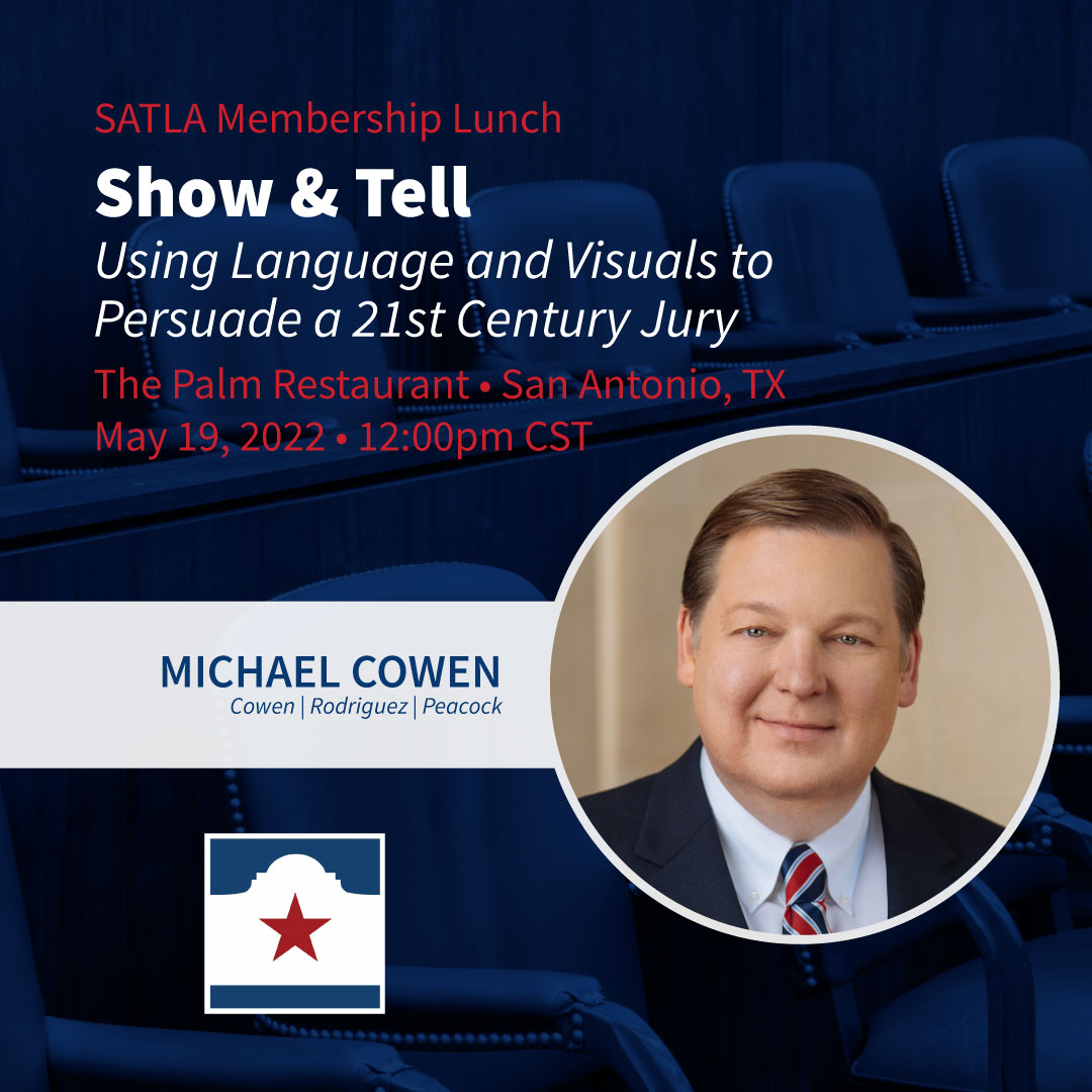 cowenlaw's tweet photo. Michael Cowen will be the guest speaker for #SATLA's Membership Lunch next Thursday, and will be presenting on using language and visuals to persuade a 21st century jury.

https://t.co/kk6c9IoZc4

#TheTruckingTrialLawyers #SanAntonioTrialLawyersAssociation https://t.co/O71g1OQGrn
