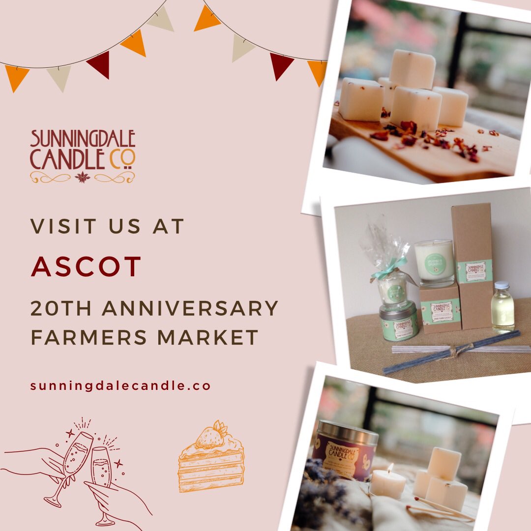 Join us for the 20th anniversary of Ascot Farmers' Market on Sunday!
We’ll be there with our range of candles, diffusers, floral waters and wax melts made from 100% natural ingredients and pure essential oils, and with some special offers! See you there! 🎉