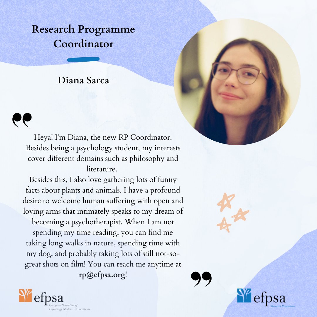 RP_efpsa's tweet photo. We are very excited to introduce to you our new mandate's EFPSA Research Programme Team🎉
Take a look at the graphics and meet all the members!

#research #psychology #studentresearchers #teamworkmakesthedreamwork #adventure https://t.co/dSpsorYprD