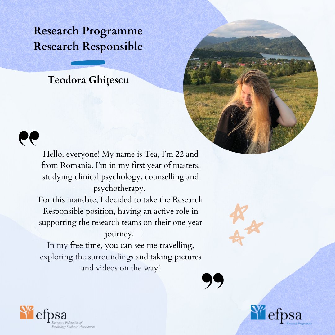 RP_efpsa's tweet photo. We are very excited to introduce to you our new mandate's EFPSA Research Programme Team🎉
Take a look at the graphics and meet all the members!

#research #psychology #studentresearchers #teamworkmakesthedreamwork #adventure https://t.co/dSpsorYprD