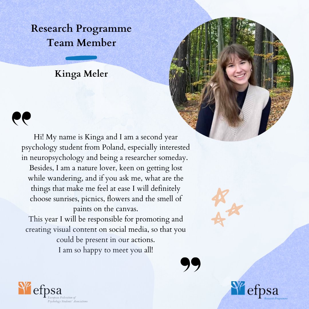 RP_efpsa's tweet photo. We are very excited to introduce to you our new mandate's EFPSA Research Programme Team🎉
Take a look at the graphics and meet all the members!

#research #psychology #studentresearchers #teamworkmakesthedreamwork #adventure https://t.co/dSpsorYprD