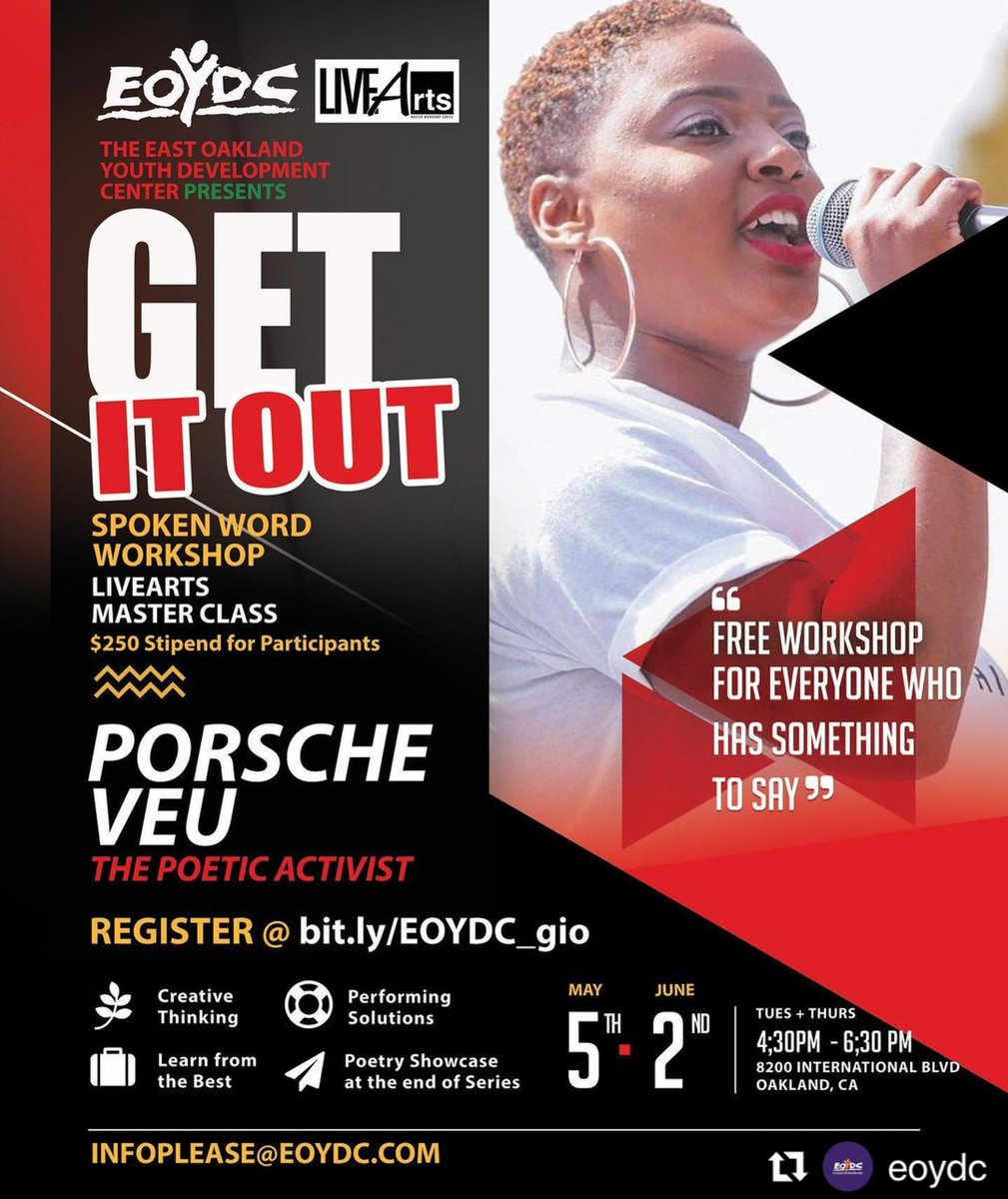 TONIGHT, are you coming out? 
FREE SPOKEN WORD WORKSHOP!
 ••• 
•$250 to all participants!
•EVERY TUESDAY AND THURSDAY 4:30PM-6:30PM 
@ EOYDC 
linktr.ee/EOYDC1978
(MUST REGISTER)
•••
*All COVID safety measures will be in place.* #bayareanonprofit #oaklandpoets
