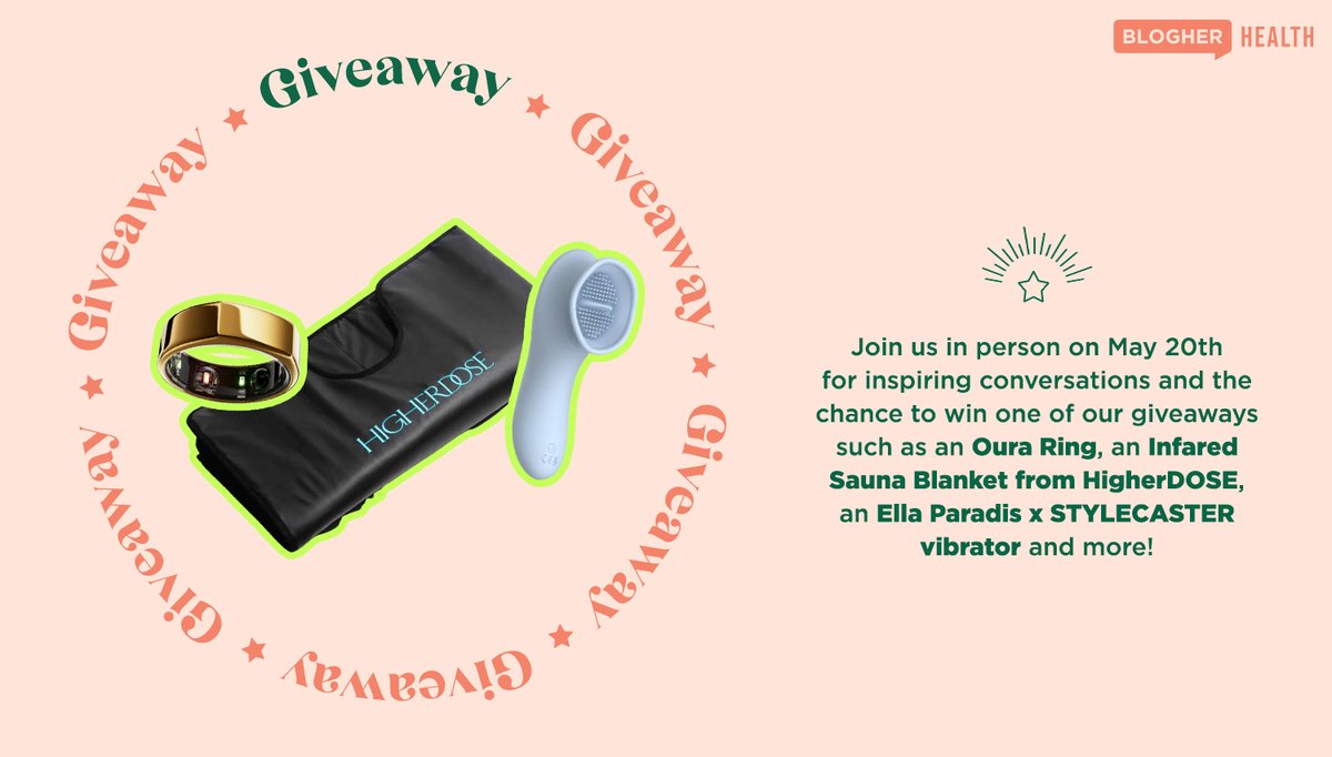 BlogHer's tweet photo. GIVEAWAY ALERT!🚨 Join us IRL at #BlogHer Health next week for inspiring conversations &amp; your chance to win one of our amazing giveaways, like an @ouraring, a #HigherDOSE sauna blanket, an @ella_paradis x @StyleCaster vibrator, &amp; more. Grab your tickets: https://t.co/hd3X7rT9X2 https://t.co/DD8y8qkrrE