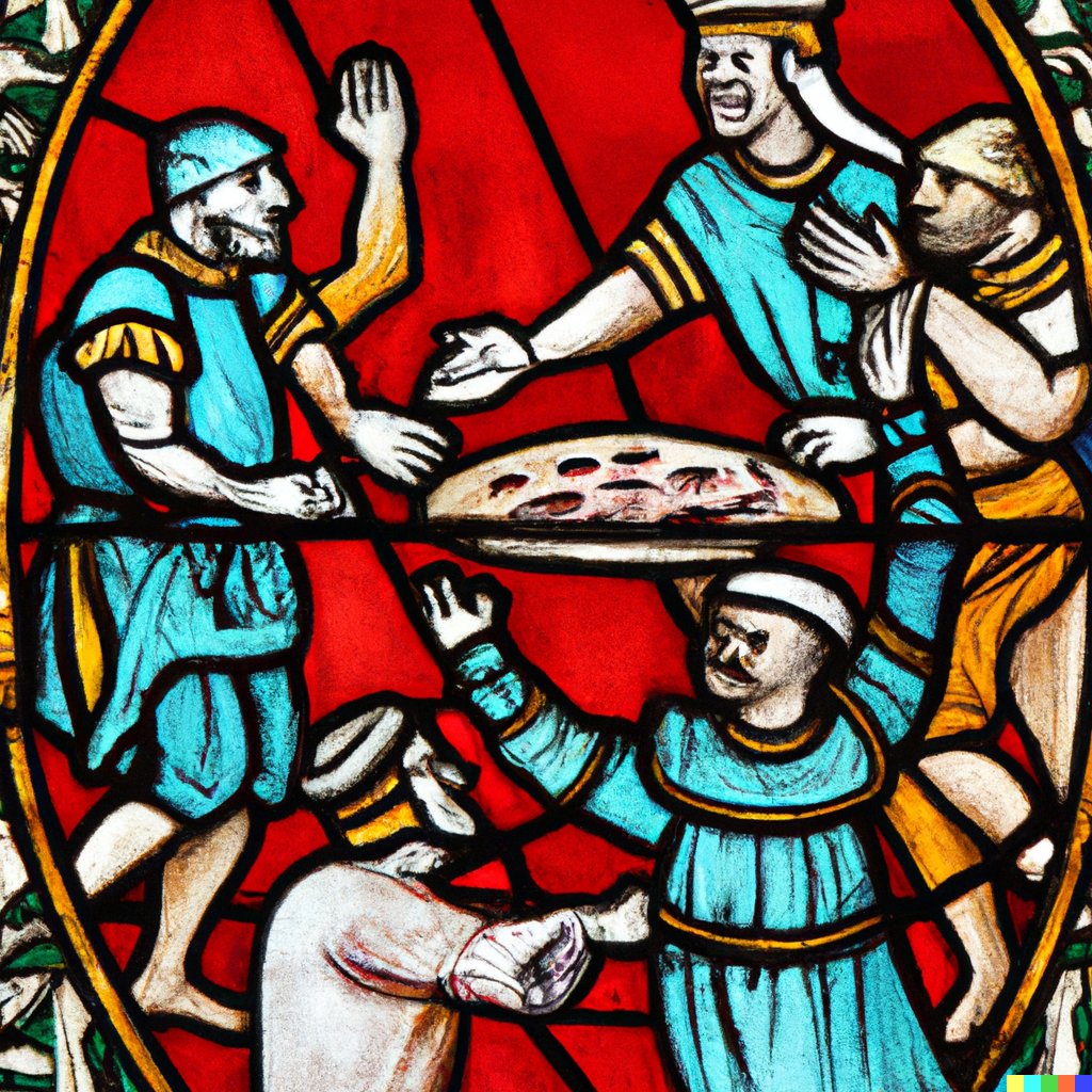 Medieval stained glass depicting the pizza ritual. #dalle2 <a href="/WiMiW5/">WiMiW</a>