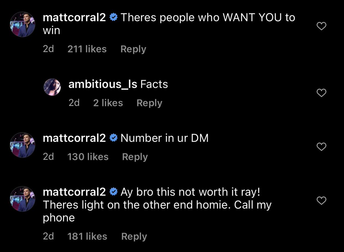 As I was exploring my socials I found a post where a young man (who is reportedly safe) was contemplating suicide. Under it, Matt Corral offered his number to the young man for support.  No hooplas, just one human being there for another.