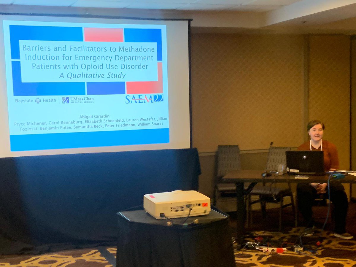 BaystateEM's tweet photo. 1 of our research RAs presenting our departments work @BillSoaresIII @emschoenfeld @LWestafer on ED methadone induction-qual study of barriers &amp; facilitators to this 
Big barriers-stigma, seems challenging, legal stuff
Facilitators- not that hard, ED viewed as right place #SAEM22 https://t.co/ruB0lmHI51