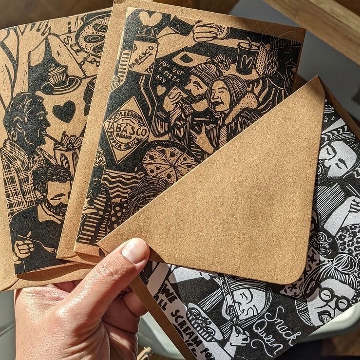 Loving these #handprinted Lino cards by People of Print Member @shelly_brown_illustration 🖤 Available at @inkpaperandprint this weekend for the Cambridge Illustration and Print Fair.