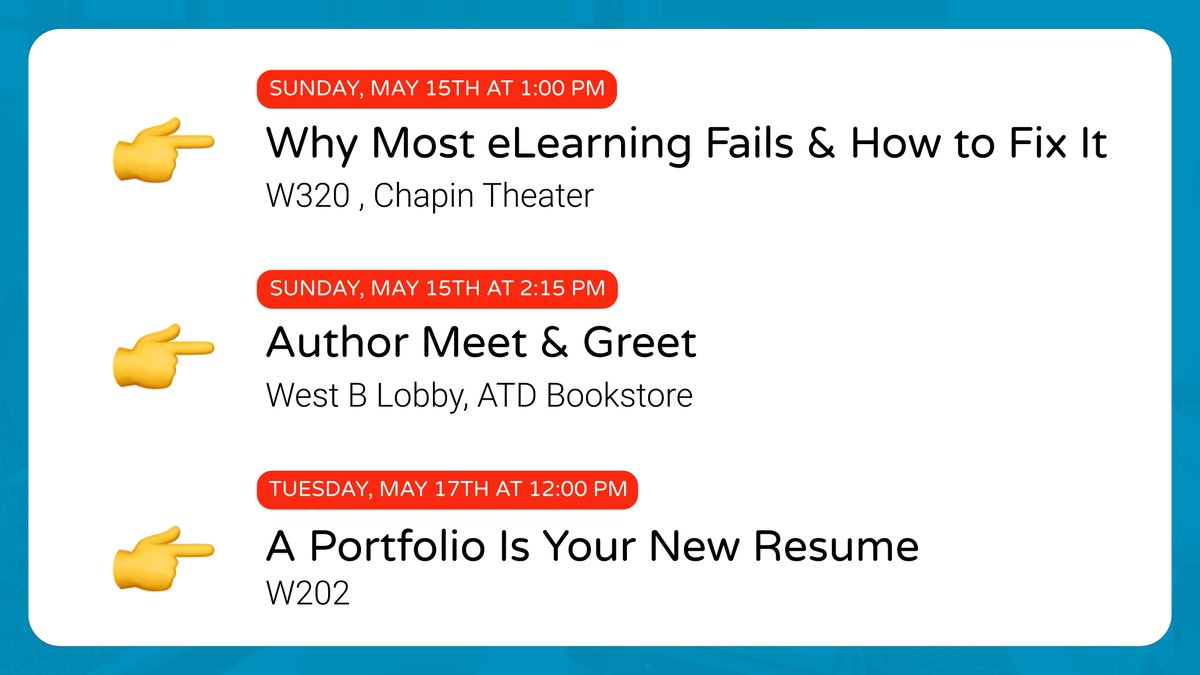 sladetim's tweet photo. I don't know about everyone else, but I can't believe it's already time for #ATD22! I'm so excited to get there and see all my peeps! If you're going to be there, here's where you can find me...

#eLearning #InstructionalDesign #ATD https://t.co/hypcLRW8vH