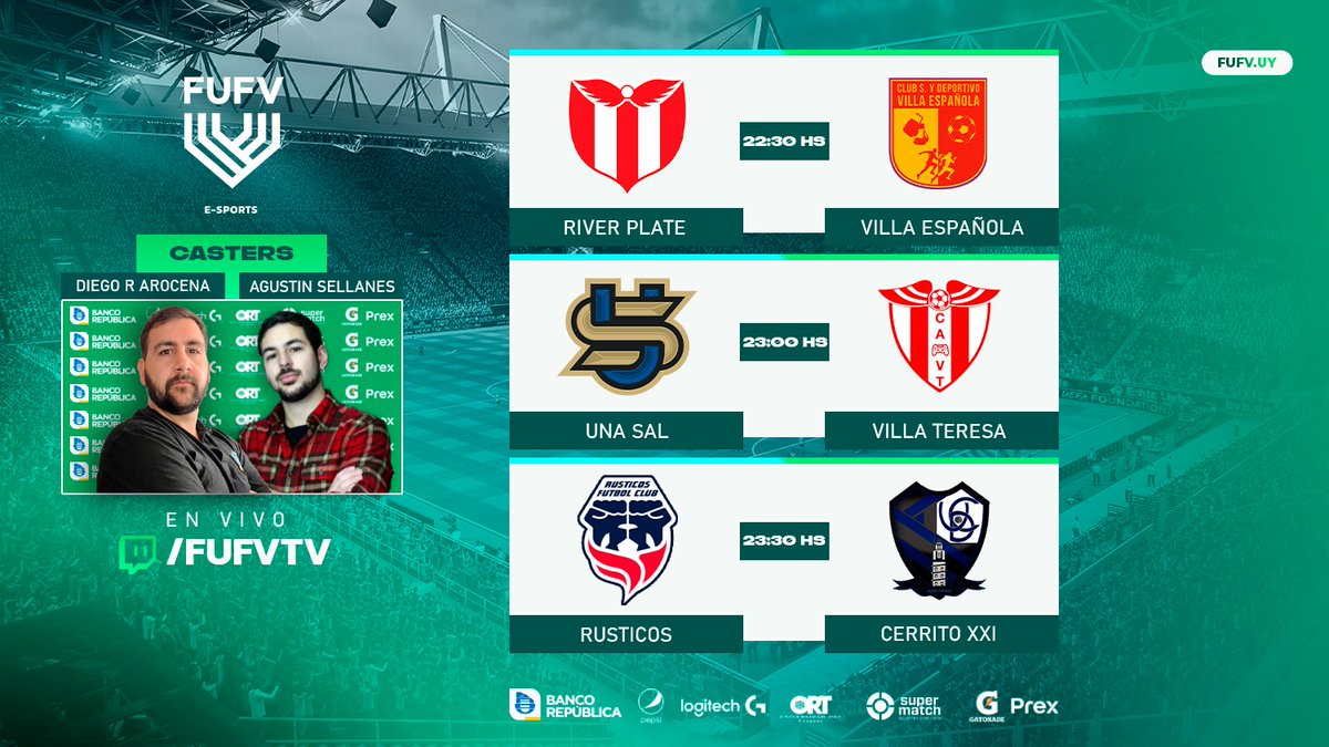AUDVesports's tweet image. Esta noche EN VIVO 📺

▶️twitch.tv/fufvtv
▶️

🎙️ @DaroBuonomo14  @GamesCabeza
 
@RiverUYesports 🆚 @VillaEspeSports 
@unasalesports 🆚 @VillaT_eSports 
@Rusticos_FC 🆚 @CerritoXXI 

@PrexUruguay