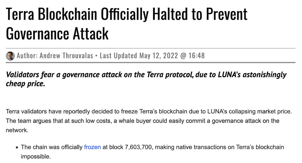 ShentuChain's tweet photo. What is Governance Attack?

For DAO's, a governance token allows holders to participate in the decision's of the project team.

BUT that ability ultimately allows the attacker to manipulate projects that use #governance by gaining enough voting rights to reshape the rules. #Terra https://t.co/iBQQxS9GnJ
