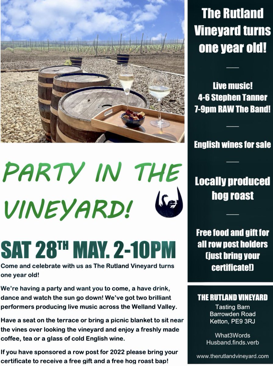 rutlandvineyard's tweet photo. We’ve turned one year old so what better excuse than to have a party! 28th May 2-10pm. 

English wines, live music, sit near the vines and relax away! Local hog roast for sale as well as freshly made coffee and tea! https://t.co/f19ArAdmQj