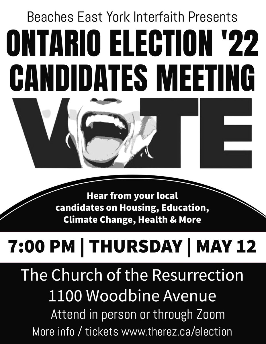 Hear from local Beaches #EastYork candidates TONIGHT at 7 pm about the issues that matter to you. Sign up to participate in-person or via Zoom therez.ca/election #climate #education #health #onpoli #DanforthEast #OntarioVotes #OntarioElection2022