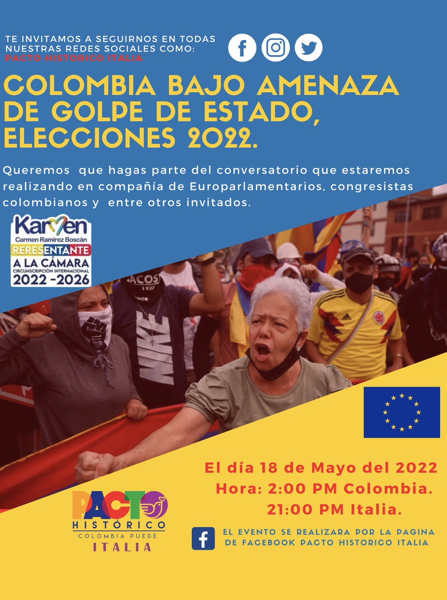 CHnodoitalia's tweet photo. Es nuestro interés, crear estos espacios con la colombianidad radicada en el exterior y con ciudadanos de otras nacionalidades con el ánimo de dar visibilidad a la situación actual que vive Colombia @Wayunkerra 🇮🇹🇨🇴

Los invitamos a compartir nuestro evento. #PactoHistorico https://t.co/thnKXO4na3