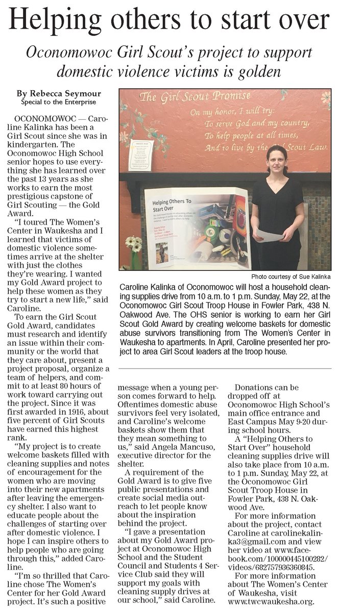 We are so grateful for Caroline and are proud to support her <a href="/girlscouts/">Girl Scouts</a> Gold Award Project! Check out the article from <a href="/OcoEnterprise/">Oconomowoc Enterprise</a> for info about the supply drive on May 22nd!