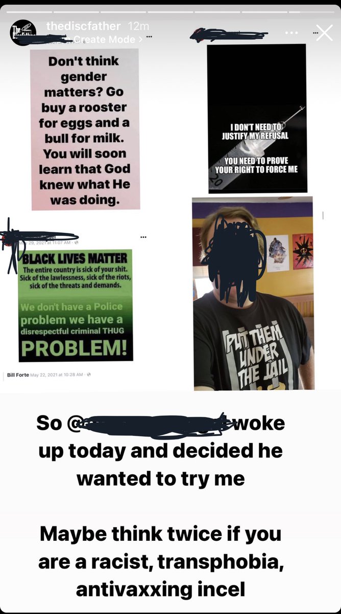 damintoell's tweet photo. Here’s @thediscfather once again personally attacking someone in his IG stories because they dared to ever say anything negative about him. (Identifying info redacted by me - the IG story is unredacted.) This is TDF/GeekGab’s M.O. every time. https://t.co/62A8PgKJq2
