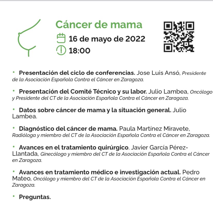 Charla sobre cáncer de mama en la sede de la Asociación Española contra el Cáncer el lunes 16 de mayo. Plaza SAN Francisco. Zaragoza