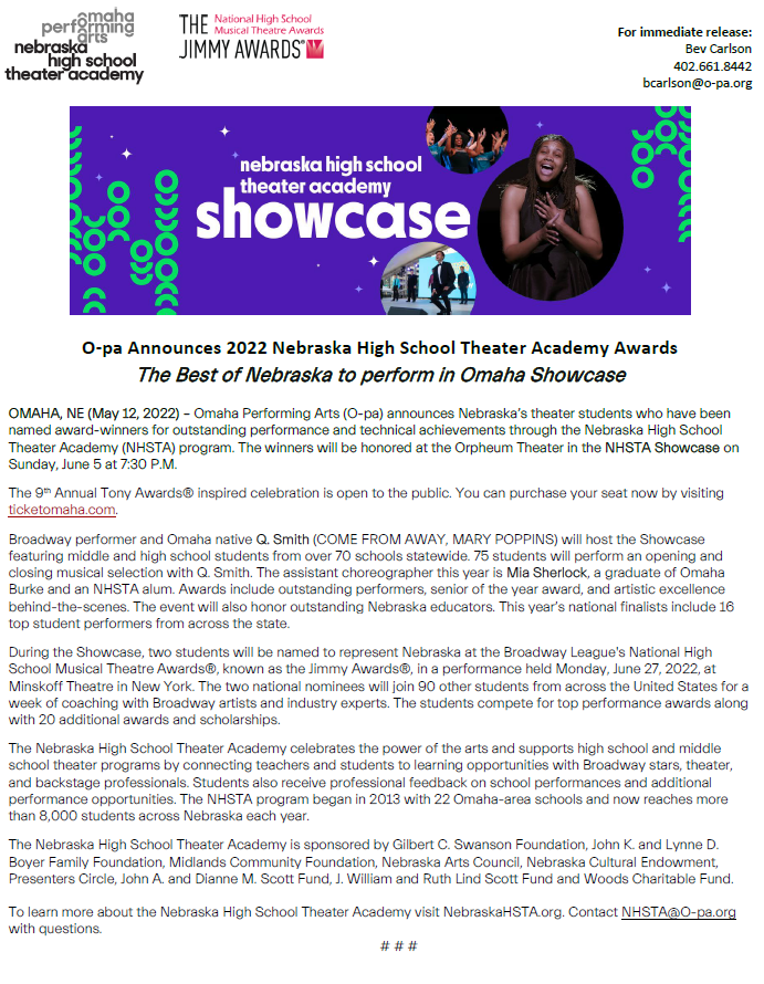 NebraskaHSTA's tweet photo. We are excited to announce the award-winning students, teachers and schools to be honored at the 9th annual NHSTA Showcase on Sunday, 6/5 at 7:30pm at the Orpheum! We can’t wait to celebrate all of your incredible accomplishments!

Buy tickets now at https://t.co/yc57iD6A08! https://t.co/GuXhx08uOK